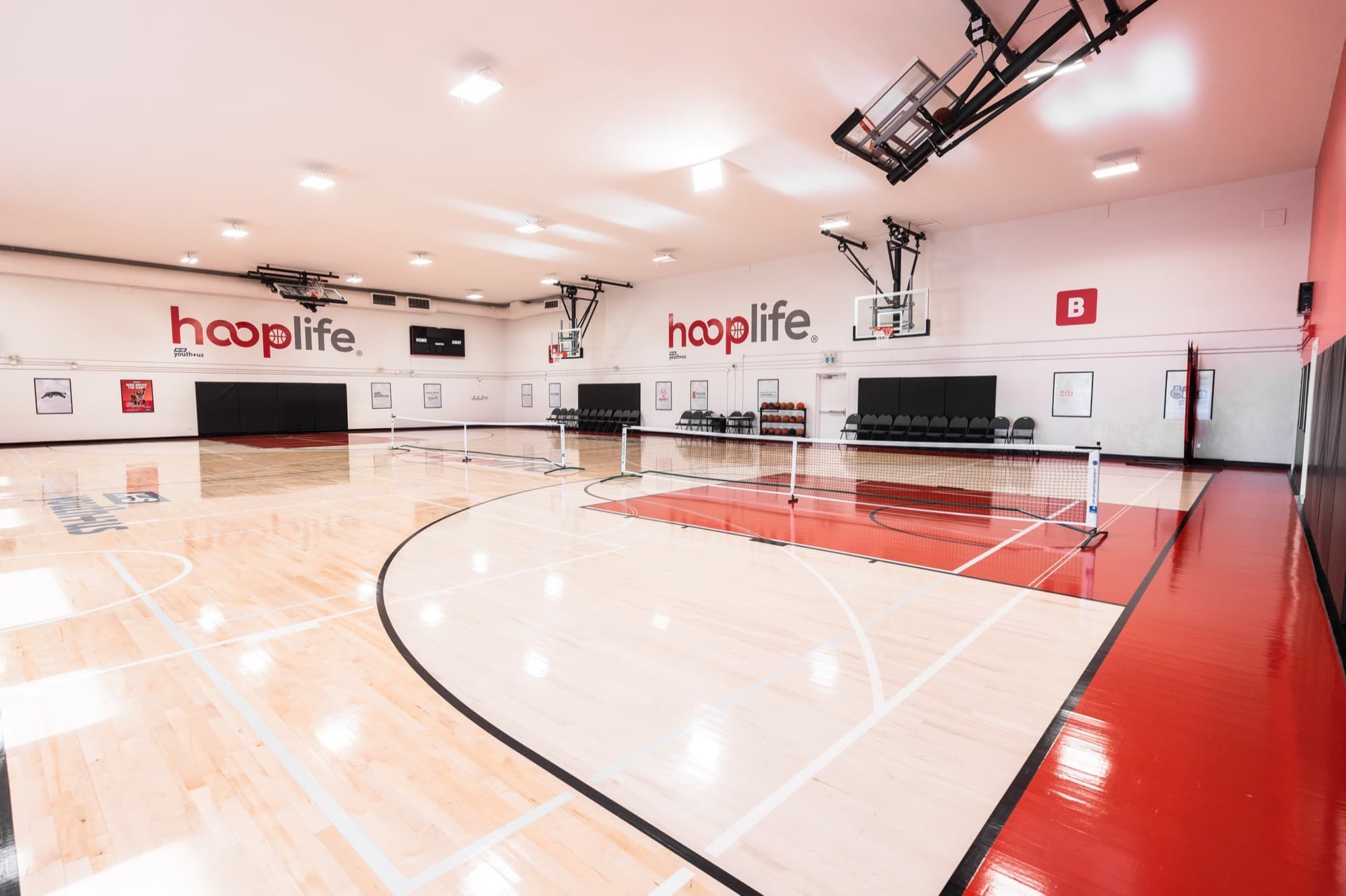 The indoor pickleball court at the HoopLife Centre in Regina with the nets up